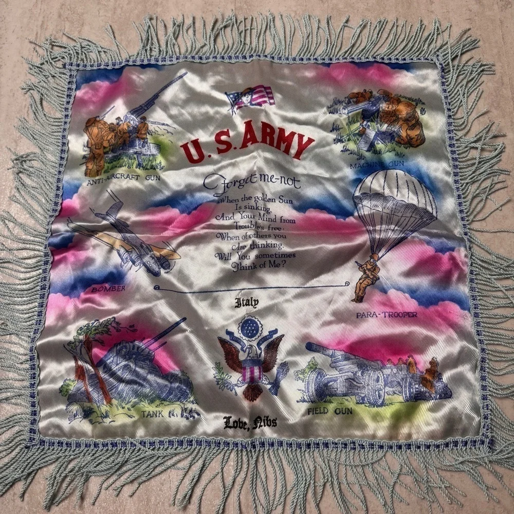 Vintage US Army satin fringe pillow case WWII souvenir pillow cases